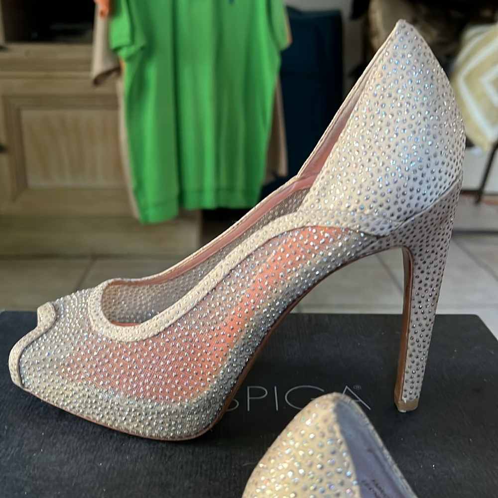 Via Spiga Orly Sparkle Mesh Peeptoe Sky High Heels with Hidden Platform Sz8 NEW
